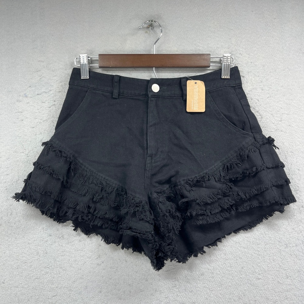 Vestique Scrimmage Shorts Womens S Black Denim Jorts Tiered Fringe Festival Boho